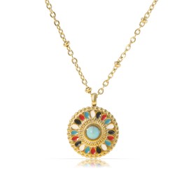 Made by Nami Women's Gold Necklace with Mandala Pendant and Gemstones in Colourful or Green Surgical Stainless Steel 40 + 5 cm Boho Jewellery Women's Waterproof and Hypoallergenic, Stainless Steel