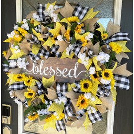 BLESSED Black & Yellow Farmhouse Sunflower Wreath, Decor, Fall, Spring, Summer, Front Door, Burlap Wedding Farmhouse Decor, French Country Decor