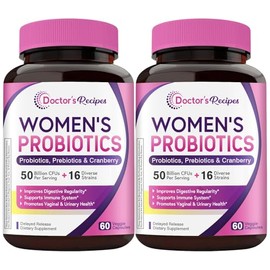 Doctor's Recipes Women's Probiotics, 120 Caps (2 Pack) 50 Billion CFU 16 Strains, with Organic Cranberry, Digestive Immune Vaginal & Urinary Health, S