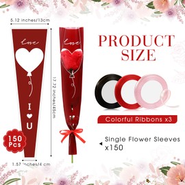 Jutom 300 Pcs Graduation Single Rose Sleeve Flower Wrap Anniversary Single Flower Wrapping Bags with 3 Polyester Satin Ribbon for Floral Supplies Birthday Gift(Stylish Style,Red, Pink, Black)