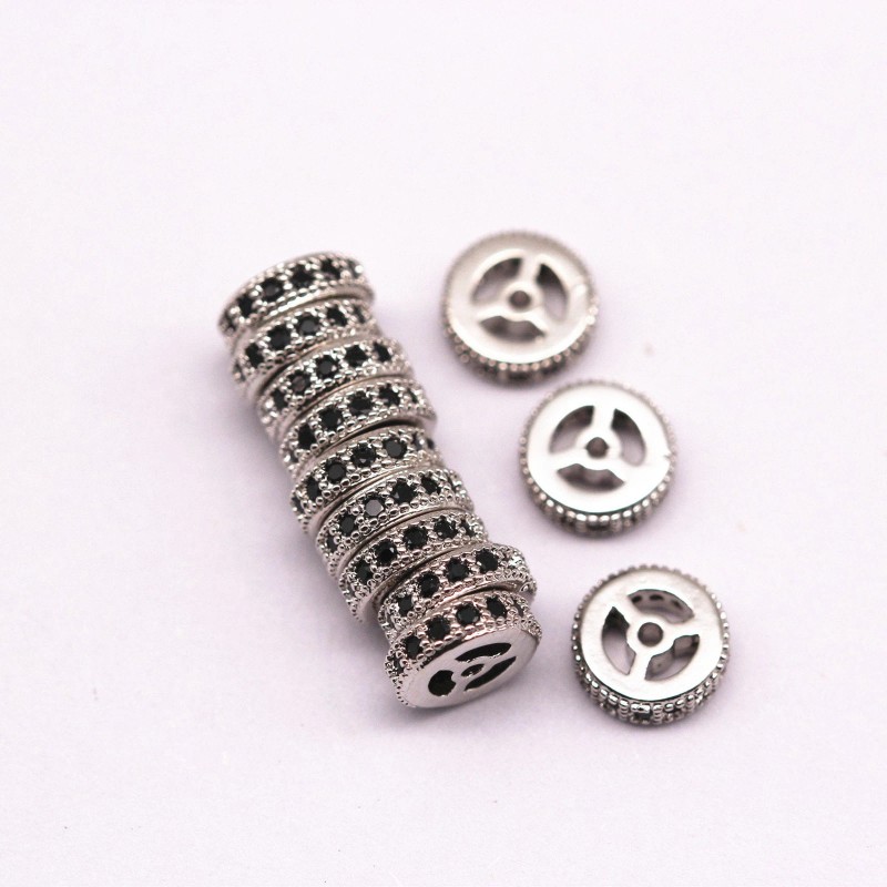Unbranded Silver Plated Micro Pave Black Zircon Flat Wheel Charm