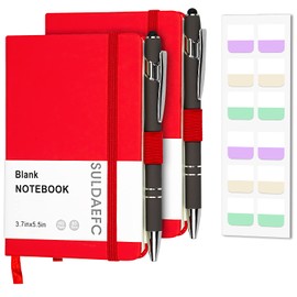 SULDAEFC 2 Pack Pocket Notebook/Notepad with 2 Black Pens, 3.7”x5.5”, Small Hardcover Blank Journals with Pen Holder and Inner Pockets - Red