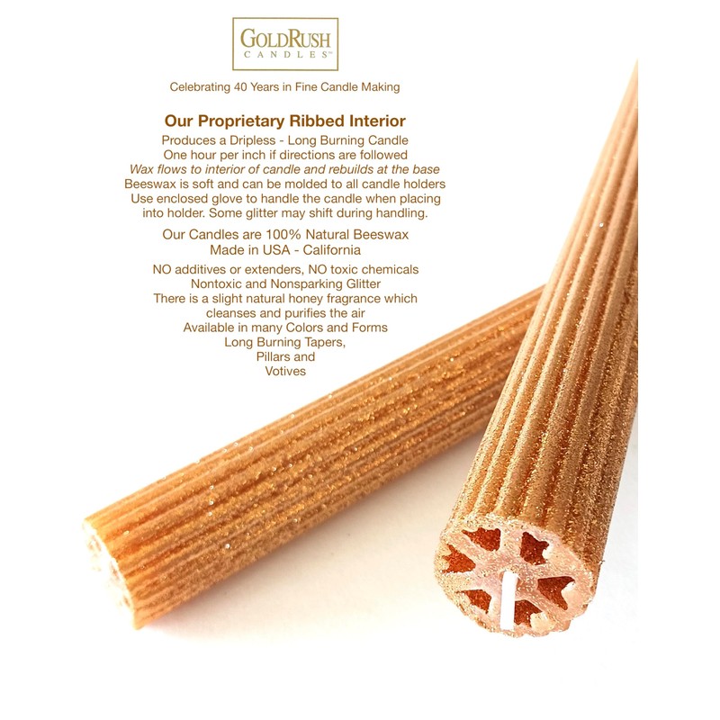 Gold Rush 12 Inch Natural Beeswax Glitter Taper Candles, Gold