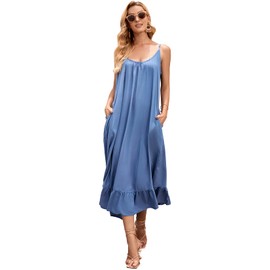 BUENOS NINOS Women's V Neck Floral Maxi Dress Boho Printed Adjustable Spaghetti Strap Ethnic Beach Long Dress with Pockets S Dusty Blue Dress
