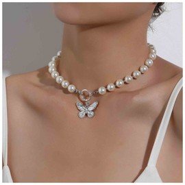 Yheakne Vintage Pearl Butterfly Necklace Silver Butterfly Pendant Necklace Freshwater Pearl Chain Necklace Retro Wedding Necklace Chain Jewelry for Women and Girls