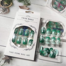 Leaves Press on Nails 24 Pcs Green Gradient Acrylic Fake Nails Short Square Glossy Gold Glitter False Nails Gel Glue on Nails Manicure Sparkly Emerald Flowers Stick on Nails for Coquette Women Girls