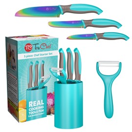 TruChef 5-Piece Kids Cooking Chef Knife Set | Real Stainless Steel Knives with Peeler, Serrated Knife & Holder | Kids Safe Rounded Tips, Easy-Grip Handles | Kitchen Knife Set (5 pcs, Aqua)
