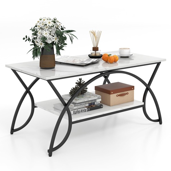 SlickBlue Sleek 2-Tier Faux Marble Coffee Table with Metal Frame