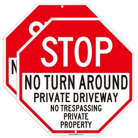 ANZEKE Stop No Turn Around Private Driveway Sign, 2Pack No Trespassing Private Property Sign, 12x12Inch Rust Free Reflective Aluminum Sign, UV Protected, Ink Printing, Weatherproof, Easy to Mount