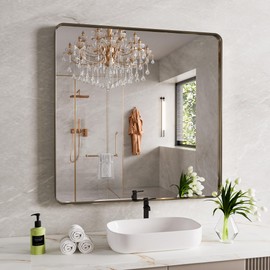 JISOSO Bronze Bathroom Mirror 36x36 Inch, Brushed Bronze Metal Frame Mirror for Wall, Rounded Rectangle Bathroom Vanity Mirror with Tempered Glass, Anti-Rust, Horizontal/Vertical