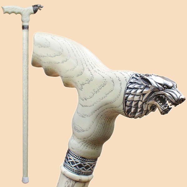 Handmade Wooden Walking Cane for Men and Women Fashionable - White Direwolf - Cool Wolf Head Cane