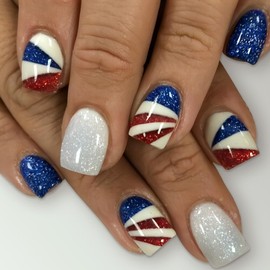 4th of July Press On Nails Short Square Blue Glitter Fake Nails Press ons Nail Art Tip Acrylic Nail Kit Red White Blue Stripes Design Full Cover White False Nails Glue on Nails for Women 24 Pcs