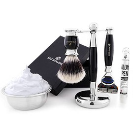 JAG SHAVING, 5pcs Men’s Shaving Set, 5 Edge Shaving Razor, Synthetic Silvertip Shaving Brush, Stainless Steel Shaving Bowl, Shaving Soap & 2 in 1 Shaving Stand, Wet Shaving Kit for Close Shave – Black