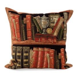 Yapatkwa Belgian Tapestries, Leather / Library Books III with Trophy, Decorative Woven Tapestry Pillow / Cushion Cover, 18" x 18"