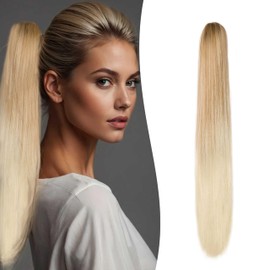 Gairyan 60 cm Ponytail Hairpiece Braid Extensions Long Straight Clip Claw Clip-In Ponytail Extensions Synthetic Hair Extensions Straight Hairpiece Hair Extension (Dark Blonde Ombre Bleach Blonde)