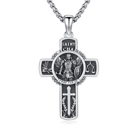 XIXLES Saint Michael Cross Necklace 925 Sterling Silver Large Archangel St. Michael Medal Pendant,Patron Saint Michael Amulet Jewelry for Men with Gifts Box, Large, Sterling Silver, No Gemstone