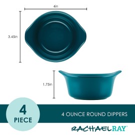 Rachael Ray Solid Glaze Ceramics Round Ramekins/Dipping Cup Set, 4 Piece, Teal