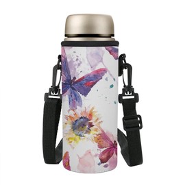 COEQINE Water Bottle Carrier Bag Case, Insulated Neoprene Water Bottle Holder with Adjustable Shoulder Strap for Men Women Kids Hiking,with Sunflower Butterfly Pattern