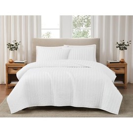 3-Piece Cool Crisp 100%Percale Tight Weave Cotton Quilt Set King Size | Modern Casual Style Vertical Channel Stitch Solid Color Pattern Sky White Bedding | Lightweight Polyester Fill Super Soft Comfy