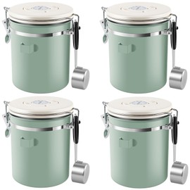 4Pcs Coffee Storage Canister 1.5L Double Airtight Coffee Beans Container with Date Locator 304 Stainless Steel Kitchen Food Storage Container with Spoon for Coffee Beans Grounds Tea,Green Sugar,Green
