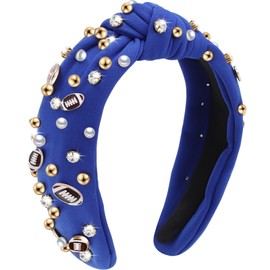 WantGor Pearl Knotted Headband, Women Rhinestone Embellished Hairband Elegant Wide Top Knot Bride Headbands Headpieces Party Fashion Elegant Ladies Hair Band Hair Hoop Accessories (Football Blue)