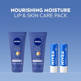 NIVEA Moisturizing Must-Haves Skin Care Set, Essentially Enriched Hand Cream with Almond Oil and Shea Butter, 2.6 Oz Tube (Pack of 2) + Moisture Lip Care Lip Balm, 0.17 Oz Stick (Pack of 2)