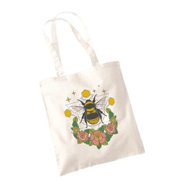 SmartyPants Geometric Floral Bee Tote Bag - Women Gifts Shopping Organic Cotton Fabric Carrier Reusable Shopper Happy Handbag Bees Accessories Present Bumblebee Pretty (One Size, Natural)