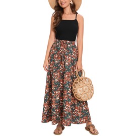 Bluetime Women Flowy Long Skirts Summer Beach Pleated Elastic High Waisted Casual Maxi Skirts (S, Floral25)
