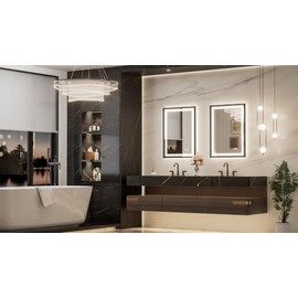 Keonjinn 24 x 32 Inch Black LED Bathroom Mirror with Frontlit & Backlit, Lighted Bathroom Mirrors Wall Mounted, Tempered Glass, Aluminium Alloy Beveled Frame, 3000K/4500K/6000K, Dimmable, Defogging