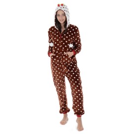 Autumn Faith Womens Christmas Pudding Fleece All in One Pyjamas with Hood Ladies Novelty PJs Jumpsuit Sleepsuit Xmas Nightwear Small UK 8-10