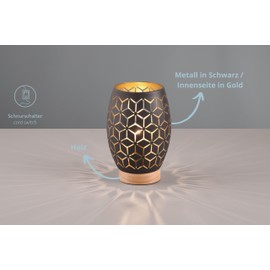 lightling Bill Table Lamp with Wooden Accents with Cord Switch IP20 Indoor Excl. 1 x E27 Max. 28 W Diameter 15 cm Height 21 cm Metal Black Gold