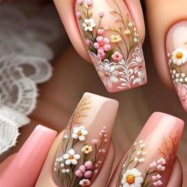 Flower Press on Nails Spring Fake Nails Coffin Shaped False Nails with Pink White Blossoms Designs Pink Glue on Nails Spring Stick on Nails Summer Full Cover Cute Acrylic Nails Glossy Artificial Nails