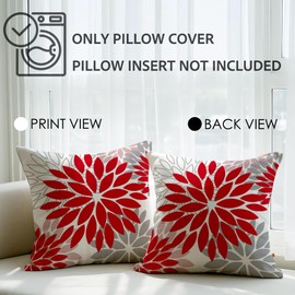 JANGYUHH Outdoor Cushion Cover, 50 x 50 cm, Modern Flowers, Decorative Cushion, Double-Sided Pattern, Red, Grey, Dahlia Sofa Cushion, Linen Cushion Covers, Decorative for Sofa, Garden, Living Room