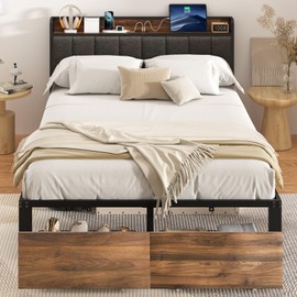 LUSIMO Queen Bed Frame with Drawers Storage Headboard and Charging Station Fabric Upholstered Headboard with Outlet Heavy Duty Metal Platform Bed with Steel Slat Support No Box Spring Needed,Grey
