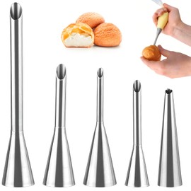 Ksvaye Set of 5 Piping Nozzles Set Filling Nozzle Stainless Steel Donut Syringe for Jam Puff Filling Pastry Syringe for Doughnuts Filling Jam Syringe for Piping Bags Cupcake Puffs Filling Cream
