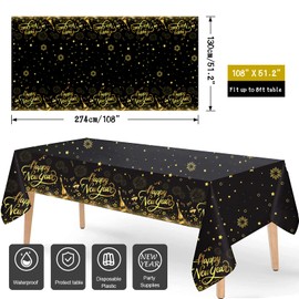 HOWAF 3 Pack New Year Party Decoration Table Cover, Black and Gold New Year Tablecloth for New Year Eve's Party Supplies, Plastic Tablecloths Gold Star Fireworks Pattern for 2025 New Year Favors