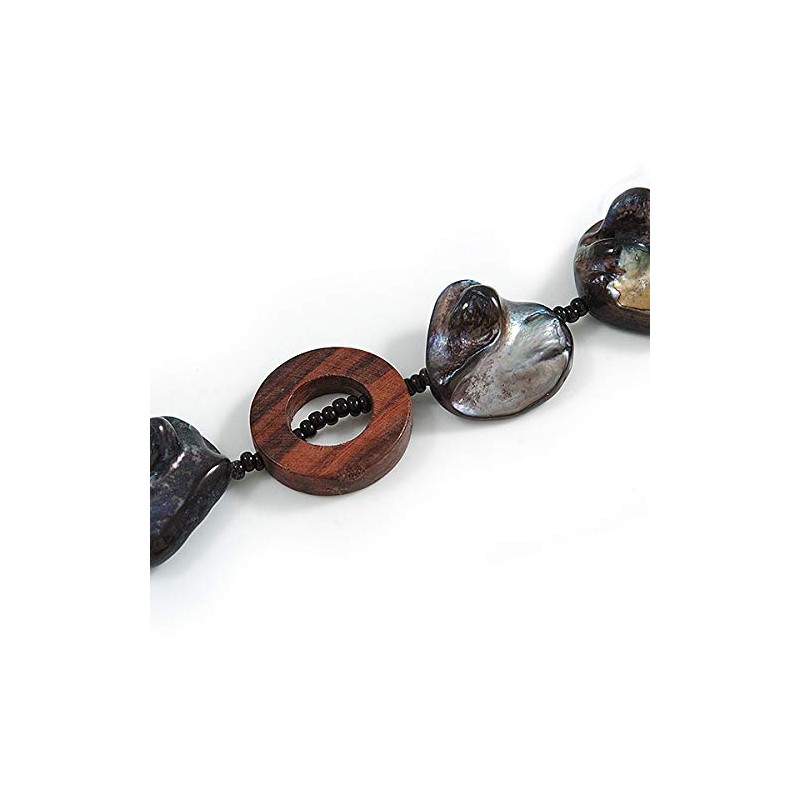 Avalaya Black Shell, Brown Wood Ring and Black Glass Beads