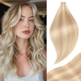 Tape Hair Extensions 22 Inch Hair Extensions Tape in Human Hair Extensions 20pcs Ash Blonde Highlighted Bleach Blonde Natural Hair Invisible Glue in Hair Extensions (P18K/60#,22 Inch)