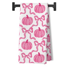 BUJSP Pink Coquette Bow Pumpkin Fall Kitchen Dish Tea Towels, Pink Preppy Fall Pumpkins Decorative Hand Towels for Bathroom Kitchen, Girly Coquette Bathroom Decor, 16x24 Inch