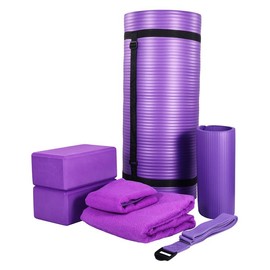 BalanceFrom 7 Piece Yoga Set with 1-Inch Thick Mat, 2 Blocks, 1 Stretch Strap, 2 Towels & Knee Pad for Ultimate Yoga Practice - Color: Purple