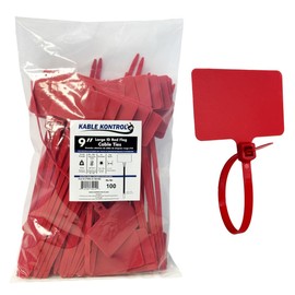 Kable Kontrol Cable Marker Zip Ties, 9 Inch 100 Pcs Large ID Flag Label Straps, Self-Locking Write on Tags for Ethernet, Power, and Cord Labeling - Red