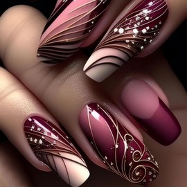 Rchvosam Dark Red French Nails Press on Medium Length Coffin Fake Nails Line Pattern Design False Nails With Diamond Stick on Nails Kit for Women 24pcs