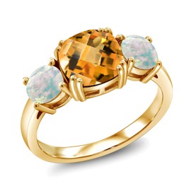 Gem Stone King 18K Yellow Gold Plated Silver Yellow Citrine and Simulated White Opal 3 Stone Engagement Ring For Women (4.15 Cttw, Gemstone November Birthstone, Cushion Checkerboard 8MM, Size 9)