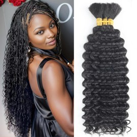 Deep Wave Bulk Human Braiding hair For Boho Braids knotless Micro Curly Wet And Wavy 3 Bundles No Weft 12A Brazilian Remy Human Hair Extensions For Black Women (Deep Bulk - #1B, 24Inch/150G)