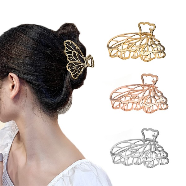 Hoshisea Pack of 3 metal hair clips, large butterfly claw clips, metal large hair clips, suitable for daily life of women and girls (3 colours)