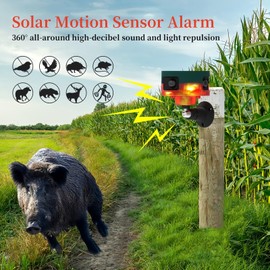 Lancoon 2 Pack Solar Motion Sensor Alarm Outdoor 360°Motion Detector Sensor Loud Siren LED Flashing Light IP55 Waterproof with Remote High Volume Voice Recording for Farm Home Barn Yard
