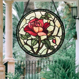 AMDERVEN Stained Glass Window Hanging, Red Rose Sun Catcher for Door Home Decor Beige Background Suncatcher Christmas Mother's Day Birthday Gifts for Women Men Mom and Nana 11.8 in