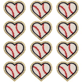 Winrase 12pcs Heart Baseball Iron on Patches Embroidered Motif Applique Deco Sew on Patches Gold Edges Chenille Love Shape Baseball Embroidered Patches for clothing, Jeans, Hats, Arts Craft Sew Making