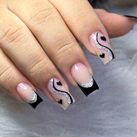 Black French Tip Press on Nails Valentines Square Fake Nails with Glue Glossy Heart False Nails Glitter Silvery Swirl Glue on Nails Black Heart Acrylic Nails Holiday Manicure Decoration Kit for Women