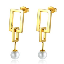 Duo Rectangle Pearl Earrings by Kylie Yang – 304 Stainless Steel, 14k Gold-Plated, Minimalist Geometric Drop Earrings, Pearl Accent